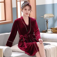 Сексуальное велюровое бургундское платье для леди, повседневный комплект для сна, ночная рубашка с подвязками, бархатная теплая ночная рубашка, кимоно, платье, 2 предмета, одежда для сна