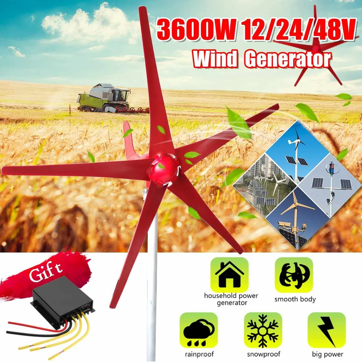 

3600W Wind Power T urbines Generator 12/24/48V 5 Blades With Charge Controller Use for Home,Solar lights,Camping,Boat