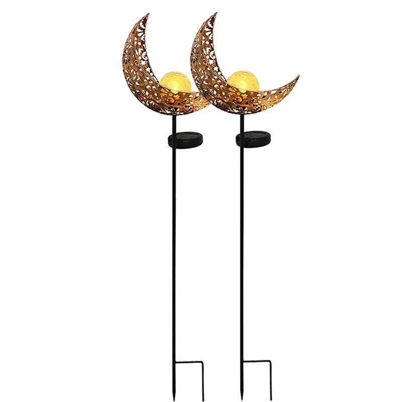 

TOP Solar Powered Garden Lights, 2 Pack Antique Brass Hollow-Carved Metal Moon with Warm White Crackle Glass Globe Stake Lights,
