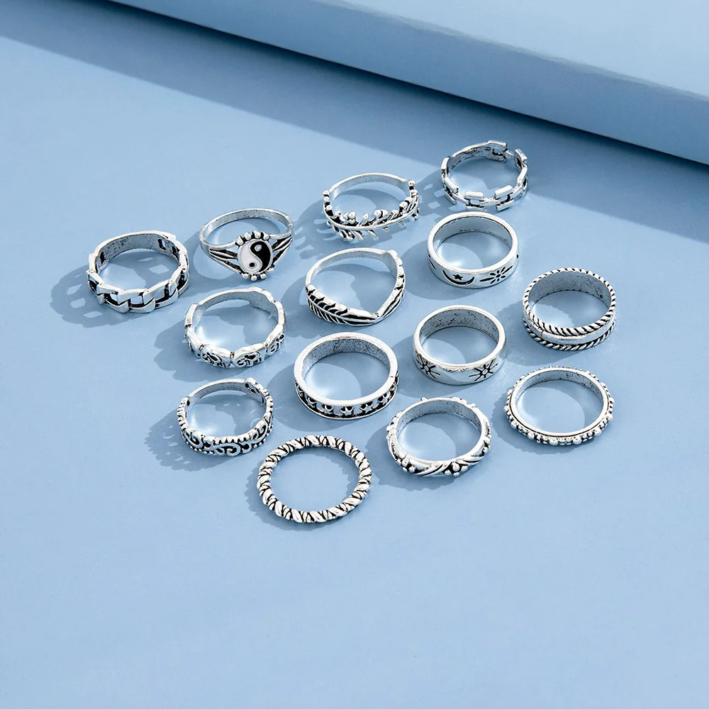 Neo-Gothic Mixed Yin Yang Figure Feather Elephant Star Moon Sun Ring 14 Pcs/Set Women Personality Vintage Jewelry finger rings fashion rings zircon rings couple rings crystal rings bohemian rings