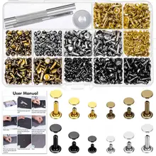 FAI DA TE Rivetti In Pelle Kit Doppio Cap Rivetti In Ottone Borchie In Pelle con Strumenti di Impostazione per la Pelle di Riparazione e Artigianato, 4 colori e 3 Dimensioni Set