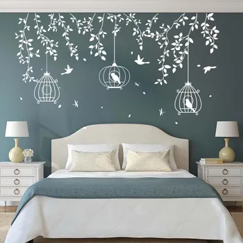 

Large Tree Birdcage Leaves Wall Sticker Bedroom Sofa Forest Nature Leaves Birds Animal Branch Wall Decal Living Room Vinyl Decor