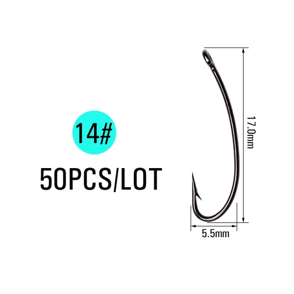 50pcs Size 14 ICERIO 50 шт. изогнутый прямой крючок для завязывания мух сухие влажные мухи хопперы Terrestrials и Stonefly Nymphs приманка материалы - Цвет: 50pcs Size 14