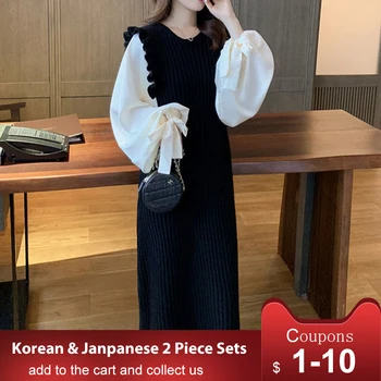 

Puff Sleeve Dress For Women Spring Knitted Fake Two Piece Patchwork Korean Office Ladies Causal Sweet Long Dresses Vestidos