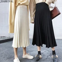 Осенне-зимняя теплая трикотажная миди юбка в Корейском стиле женские мягкие юбки с высокой талией Женская Расклешенная повседневная юбка в складку Saias