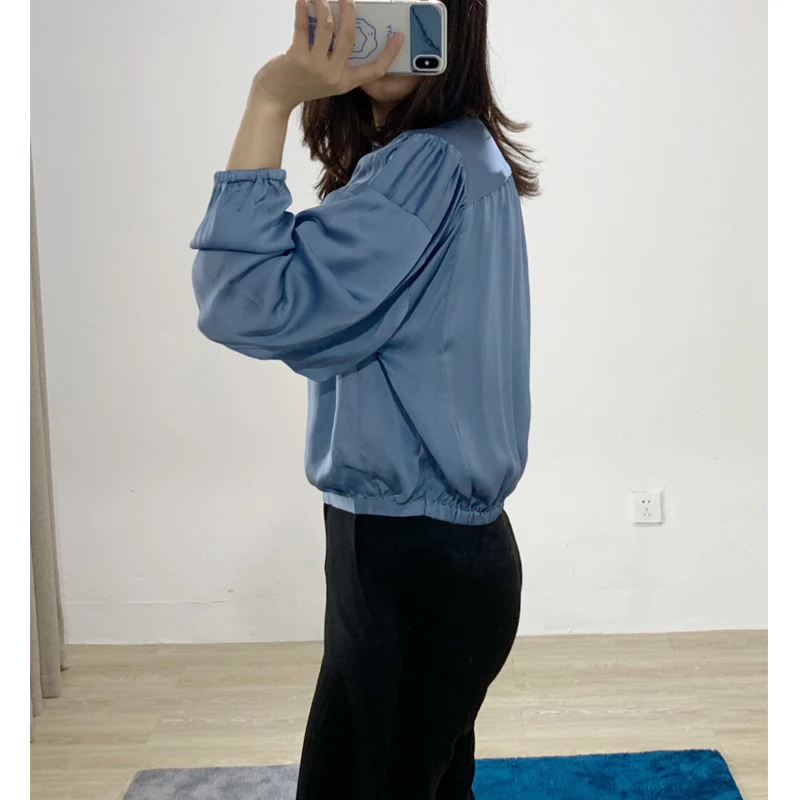 Silk Office Ladies Blouse Loose Short Shirts Bat Sleeve Casual Women Blouses And Tops