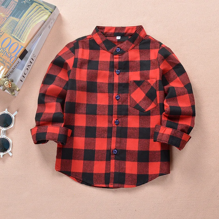 Spring And Autumn New Style Stand Collar Children Plaid Shirt Long Sleeve Pure Cotton Brushed Baby Casual Fashion Shirt