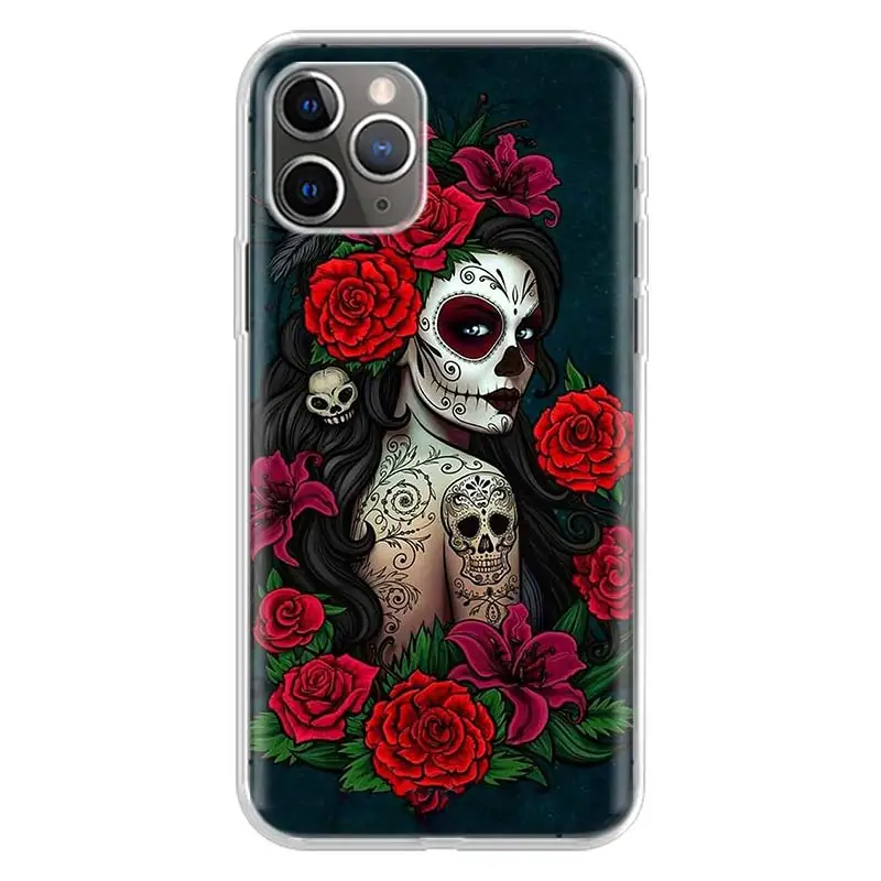 case iphone 13  Catrina Beautiful Rose Girl Skull Phone Case For iPhone 13 12 11 Pro Max 6 X 8 6S 7 Plus XS XR Mini 5S SE 2020 7P 6P Pattern Cov iphone 13 pink case
