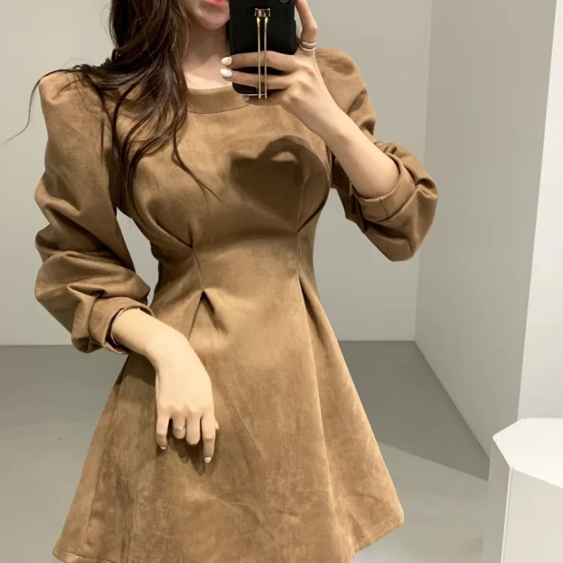 WAKUTA Ladies Elegant Mini Dress Long Puff Sleeve Party Dresses 2020 New Arrival Spring Autumn Simple Solid Outfits for Women white dresses for women