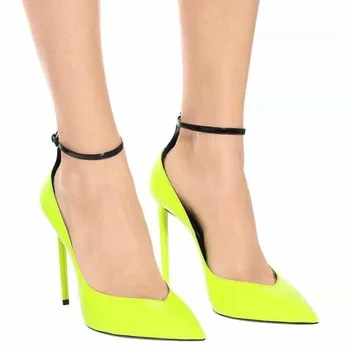 

US4-11 Womens Pointed Toe Patent Leather lemon Yellow Stilettos High Heel Pumps Ankle Belt Buckle OL Party Shoes Sexy Plus Size