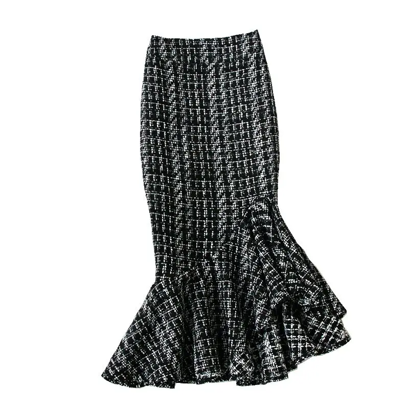 Free Shipping 2021 Fashion Long Mid-calf Skirt Women Plus Size S-4XL Mermaid Style Ladies High Waist Ruffles Wool Winter Skirt