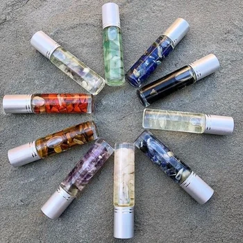 

10ml Natural Stones Transparent Glass Healing Crystal Chips Inside Essential Oil Gemstone Roller Ball Bottles Massage Roller jar