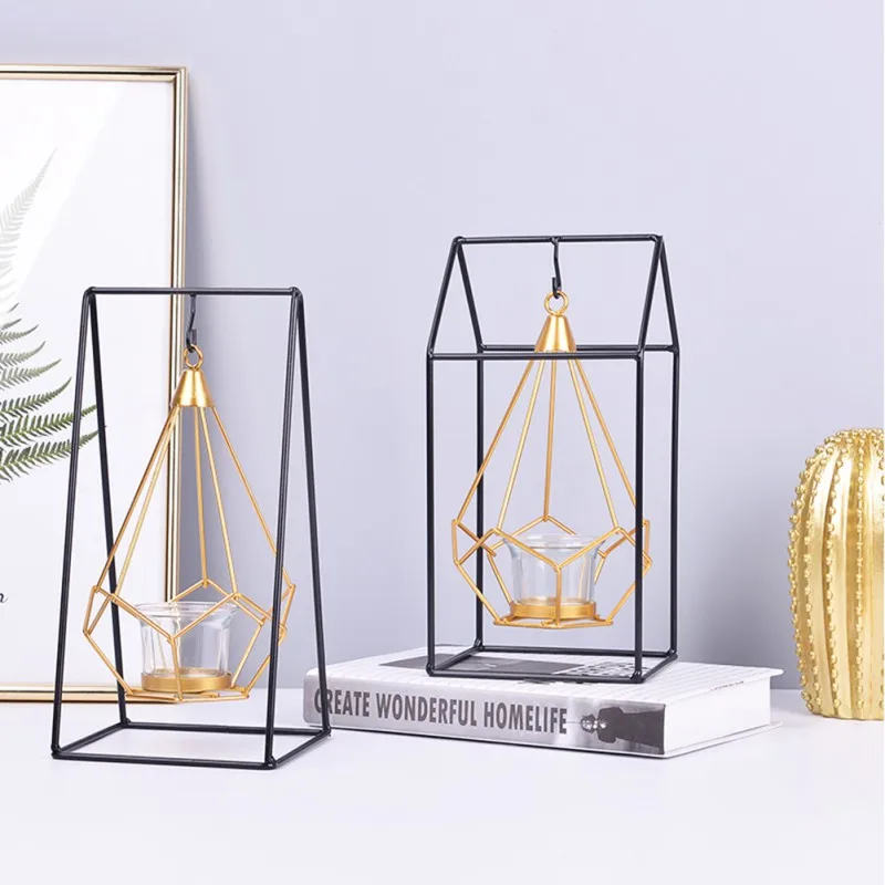 Nordic Стиль железа Висячие, геометрической формы свечи Tealight держатель с черной стенд Дисплей держатель качели подсвечник декоративные капли