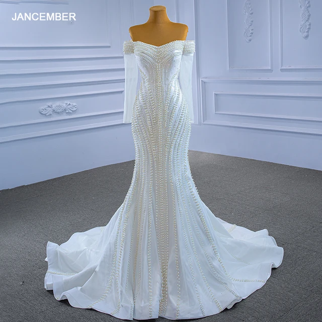 RSM67314 Mermaid Wedding Dress White Strapless Long Sleeves Full Of Pearls Luxurious Elegant Bridal Gown Suknia ślubna 1