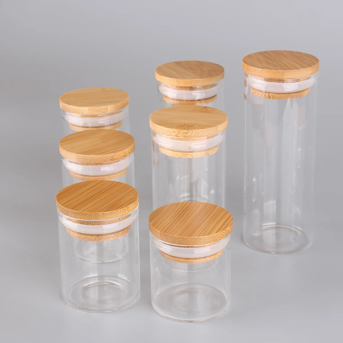 6pcs/lot 50ml 60ml 80ml 90ml 100ml 120ml 150ml Glass Candy Bottles With Bamboo Caps Pill Container Empty Bottles For Art Crafts 4