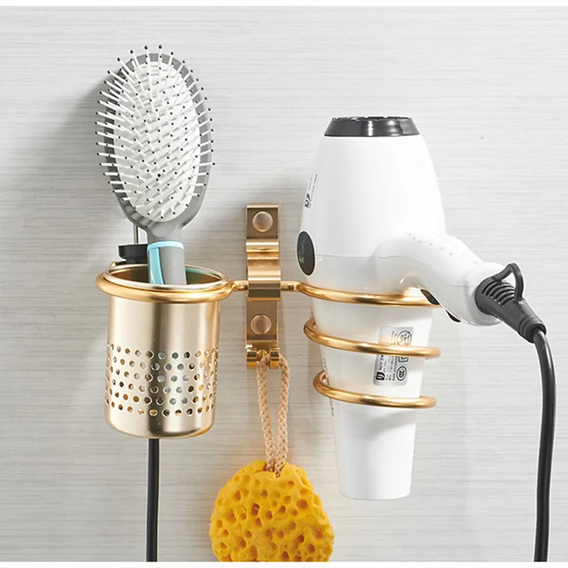 Dual-Purpose Hair Dryer Bracket Wall Hanging Storage Rack Black/Gold/Silver Adhesive Perforated Bathroom Stand for Organization