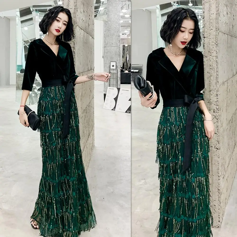 

Celebration Party Gowns Green Mermaid Evening Dresses 2020 Engagement Prom Party Gowns With Sleeves robe de soiree TASSEL DRESS