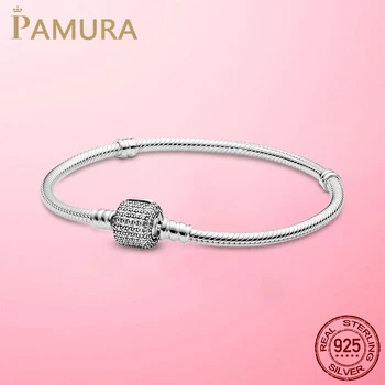 

Classic 925 Sterling Silver Sparkling Pave Clasp Snake Chain Bracelet For Women Fit Original Brand DIY Charm Beads Jewelry Gift