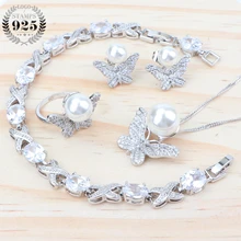 Белый жемчуг Невесты Серебро 925 комплекты украшений для женщин украшения для свадебного наряда Подвеска из колец ожерелье камень циркон серьги набор