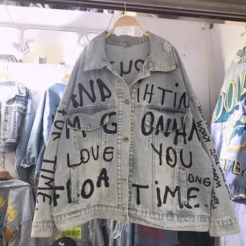 

New 2019 Autumn Classic Full Embroidery Letter Loose Denim Coat Woman's Large Size Water Washing Hole Cowboy Coat Jeans Jackets