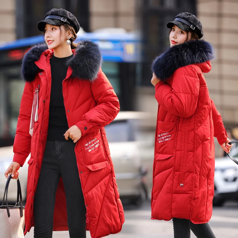 Плюс размер 5XL новая зимняя куртка женское длинное пальто модное письмо вышивка хлопок мягкий большой меховой воротник Повседневная Длинная парка - Цвет: Красный