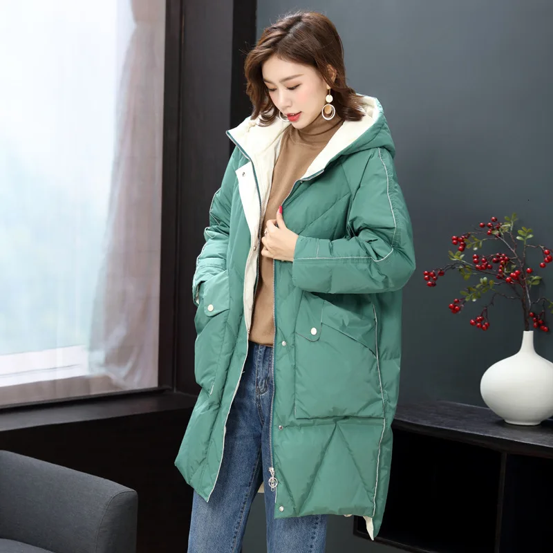 Мода осень и зима Новая мода с капюшоном сплошной цвет молния Свободный теплый белый утиный пуховик женский PB791