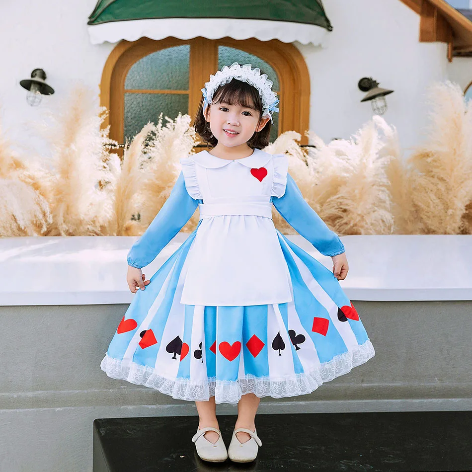 Cute Girls Cotton Blue and White Long Sleeve Dresses for Kids Halloween Maid Cosplay Costumes Heart Pattern Lolita Lace Dress |