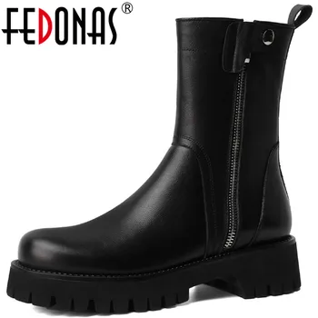 

FEDONAS 2020 Genuine Leather Women's Warm Shoes Platform Quality Round Toe Chunky Heels Boots Winter Party Basic Shoes Woman