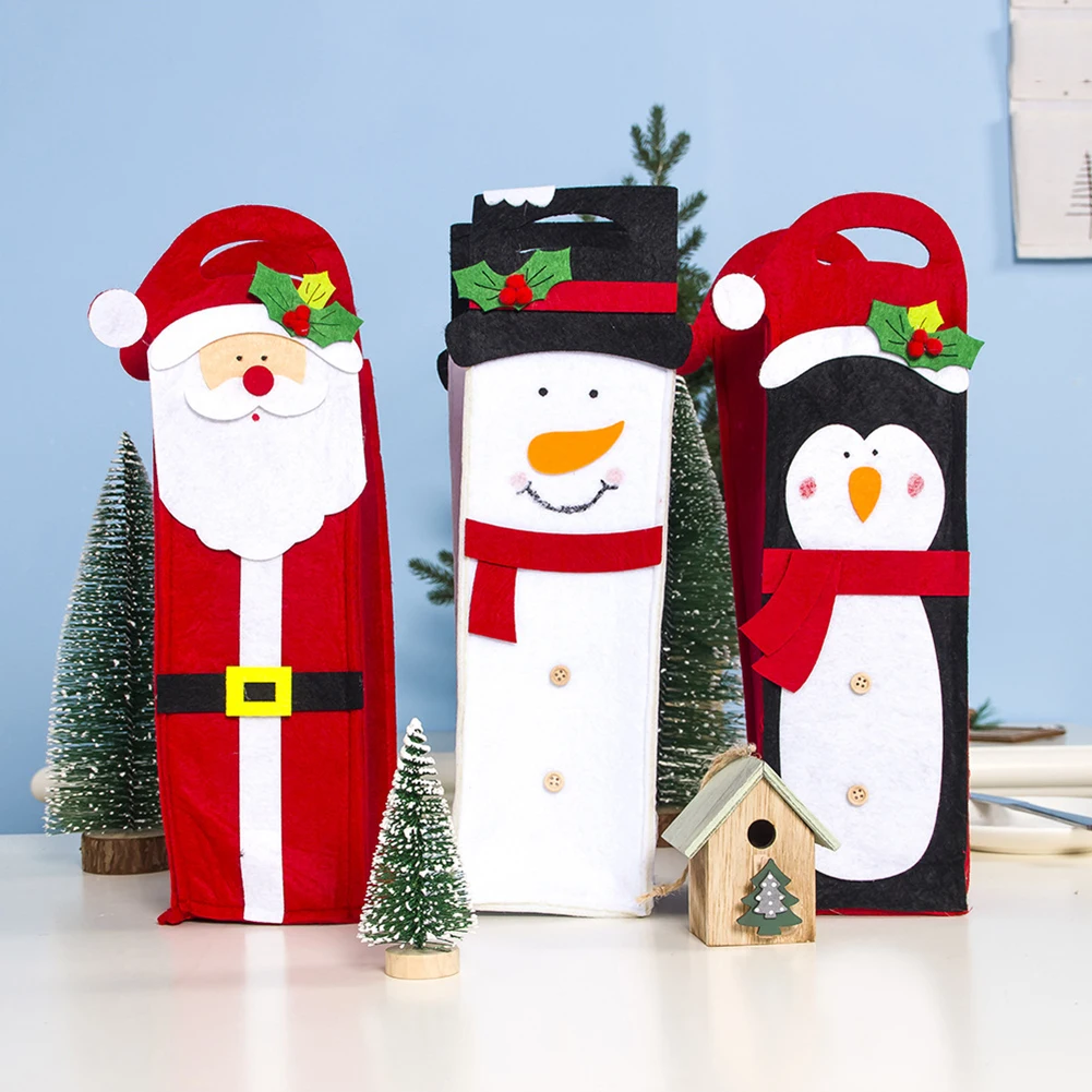 

Reusable Wine Champagne Bottle Cover Cloth Cartoon Snowman Santan Claus Home Party Drawstring Pouch Christmas Decor