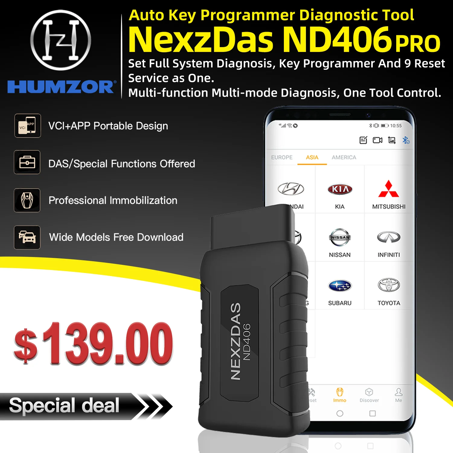 Автомобильный ключевой программатор иммобилайзер humзор NEXZDAS ND406 OBD Универсальный