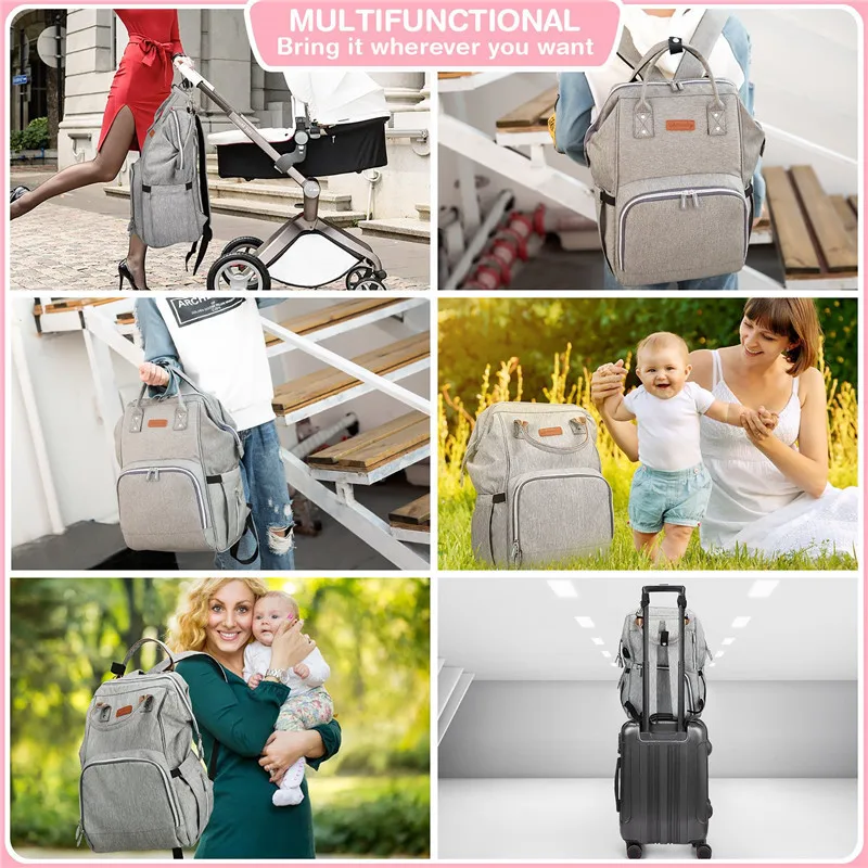 Baby Diaper Backpack with USB Charging Port Cable Insulated Bag Large Capacity Backpack Nappy Bags Waterproof Travel Backpack