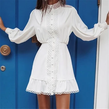 

White Dress Women Summer Long Sleeve Mini Dress Ladies Elegant A Line Lace Ruffle Dress Korean Office Turtleneck Dresses 2020