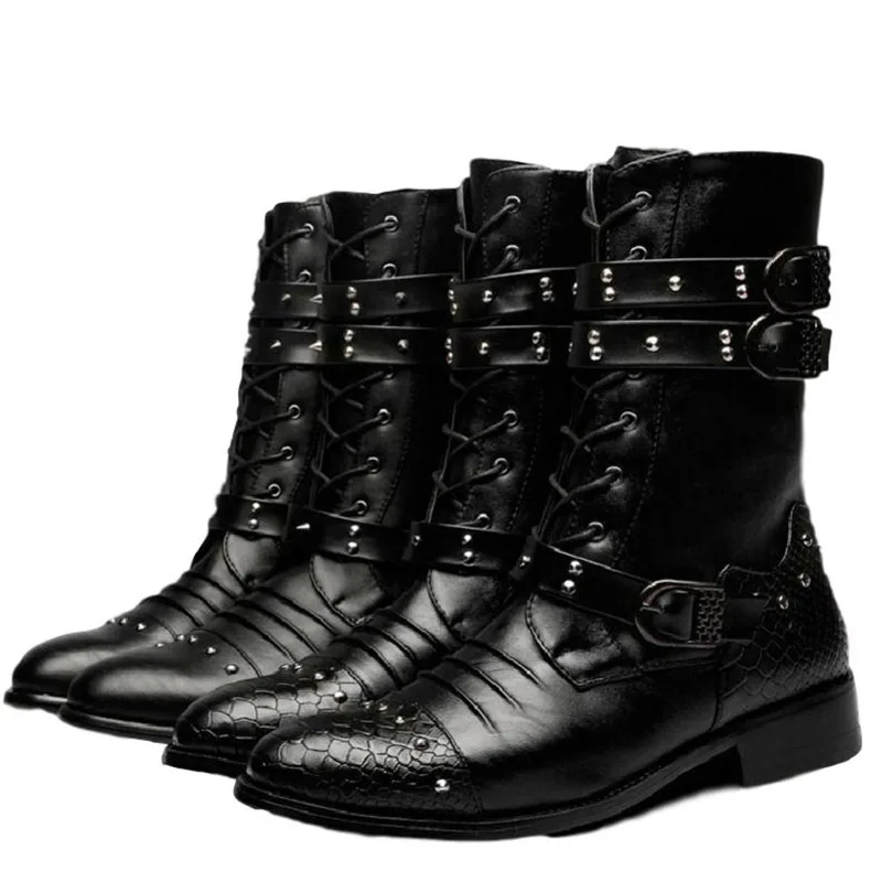 Idopy New Autumn Gothic Men Pointed Toe Stage Performance Faux Leather Boots Male Punk Studs High Heels Shoes Rivet Booties leather boots mens leather boots motorcycle leather boots