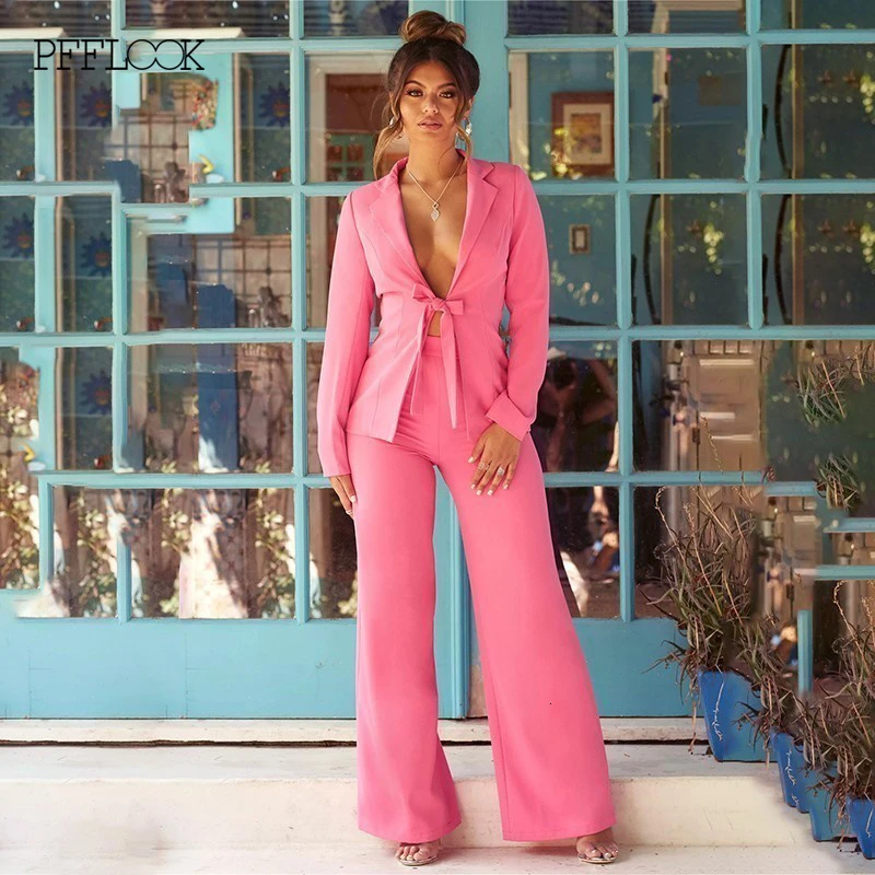 Женский офисный костюм PFFLOOK из блейзера и брюк с v образным вырезом комплект двух
