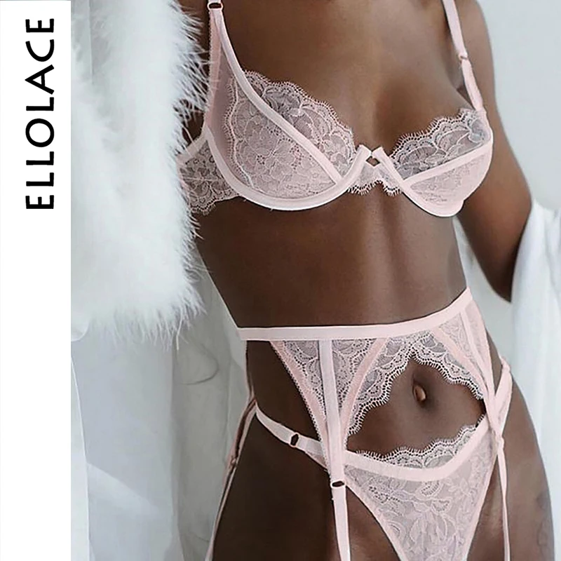 

Ellolace Sexy Lingerie Set 3 Piece Set Women Underwear Sets Mesh Patchwork Fashion Transparent Bralette Set Pink Ladies 2019 New