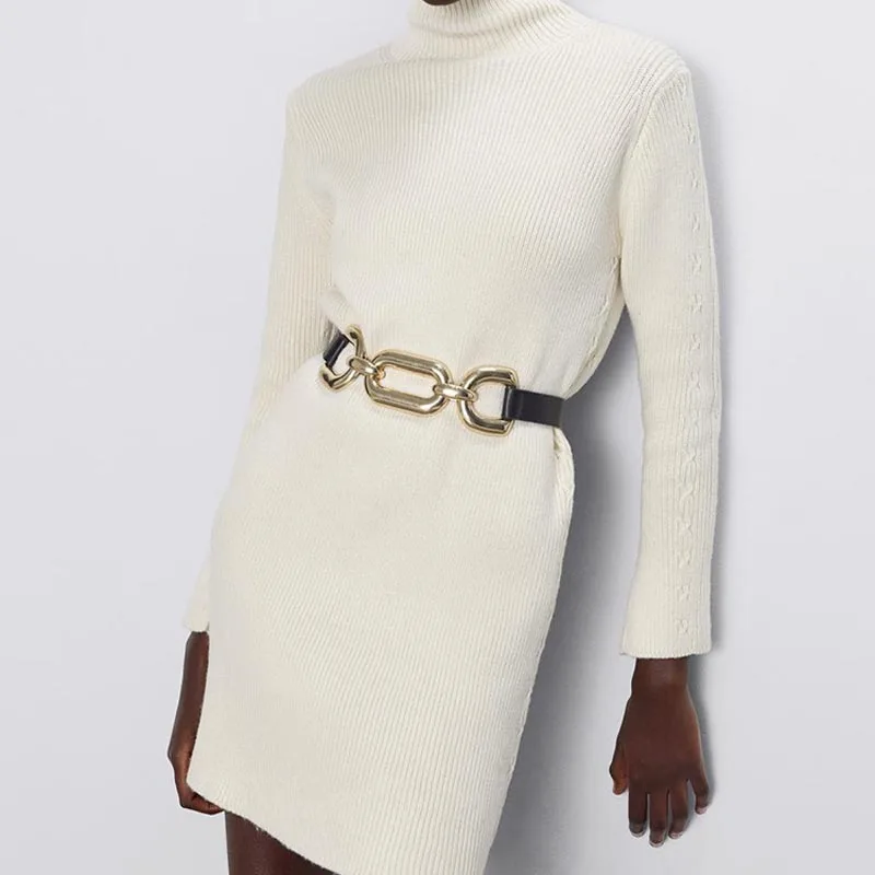 QZ019 осенне-зимнее короткое платье-свитер с воротником-хомутом однотонного цвета, женское платье-свитер с длинным рукавом, модный стиль, вязаная одежда Vestidos