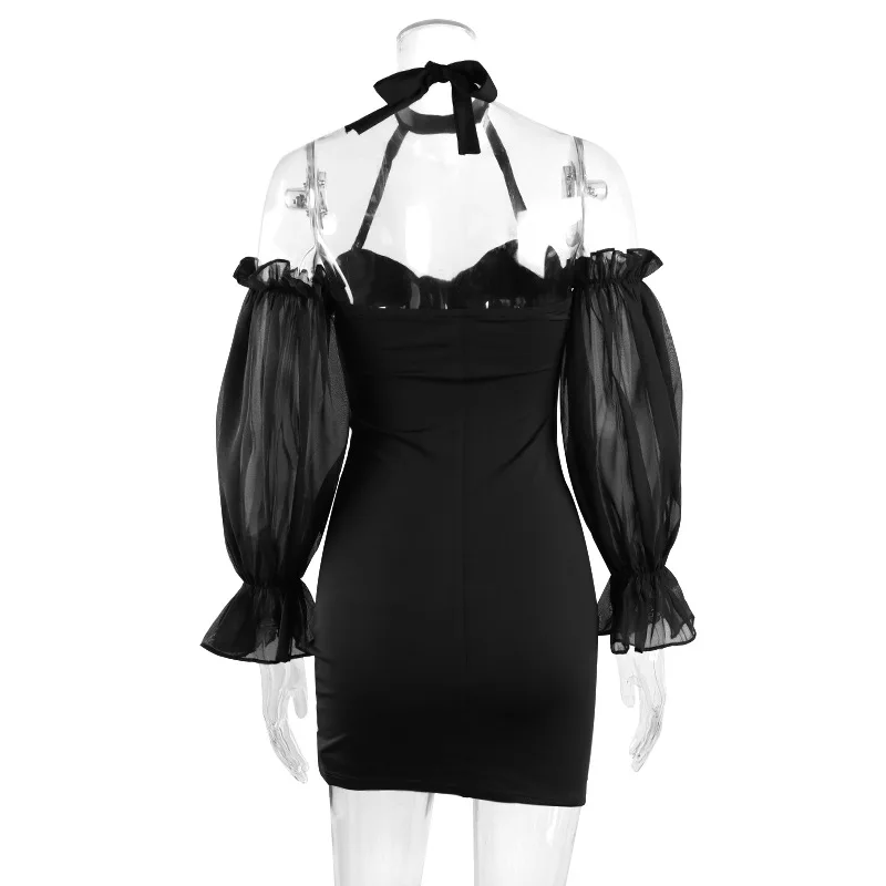 Women Black Gothic Halter Sexy Dress 2021 Hipster Lady Pleated Strapless Mesh Lantern Sleeve Backless Lace-up Mini Goth Vestidos