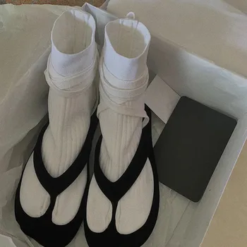 

Fashion White Women Ankle Boots Split Toe Elastic Sock Boots Straps Military Boot Autumn Flat Short Booties Casual Shoes Woman