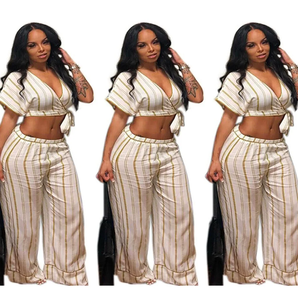 

1074 Hot Selling European And American Fashion Sexy Striped Printed Women's Two-Piece Set Wide-Leg Pants