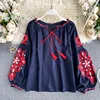 Women's Retro Blouse National Style Embroidered Lace-Up Tassel V-Neck Lantern Sleeve Tops Loose All-Match Female Blusa GK536 ► Photo 2/6