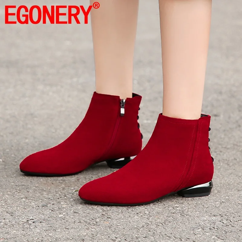 

EGONERY matte leather woman booties fashion 2019 winter autumn cow suede 5cm mid heels ankle boots 33-43 plus size drop shipping