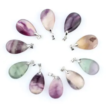 

10pcs/lot Rock quartz Natural stone Water Drop Pendants Fluorite Pendulum Clear Crystal Chakra Healing Reiki Beads Free pouch