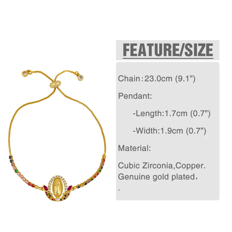FLOLA Multicolor Virgin Mary Bracelets Women Crystal Bracelets Gold Plated Christian Jewelry virgen de guadalupe brtc09 bracelet jewelry