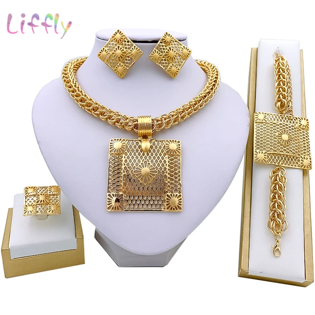 Buy OnlineLiffly Dubai Gold Jewelry Sets for Women Big Necklace African Beads Jewelry Set Nigerian Bridal Wedding Costume Jewelry.