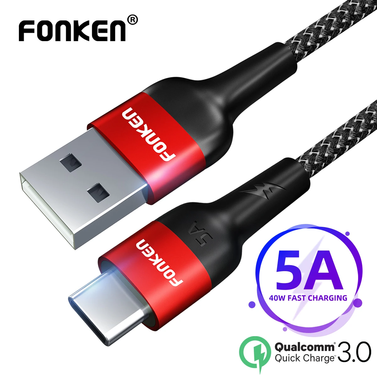 Кабель FONKEN USB C 5A супербыстрый зарядный кабель шнур для зарядки типа c нейлоновый