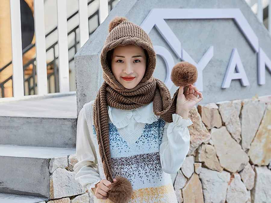 winter New pattern Connected Neck Furry Warm Cap Korean Edition fashion Wild Joker Facial protection knitted hat for women