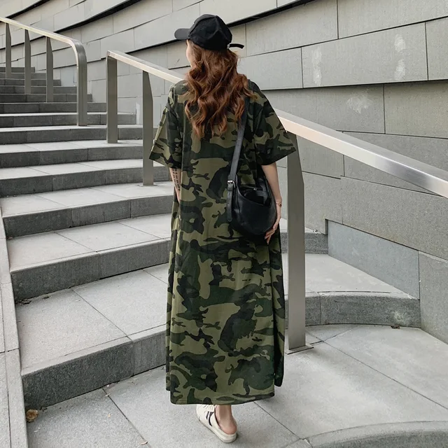 Loose Casual T Shirt Maxi Dress Women Summer 2021 Plus Size Camouflage Dresses with Side Pockets for Home Long Cotton Tees 5