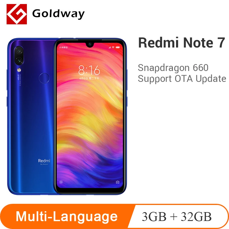 Мобильный телефон Xiaomi Redmi Note 7, 3 Гб ОЗУ, 32 Гб ПЗУ, Восьмиядерный процессор Snapdragon 660, 48 МП, две камеры, 4000 мАч, 6,3 дюйма, полный экран