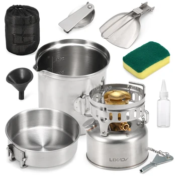 

Lixada 9pcs Stainless Steel Camping Cookware Mess Kit with Gasoline Stove Cooking Pot Pan Spork Scoop Cleaning Sponge Oil Bottle