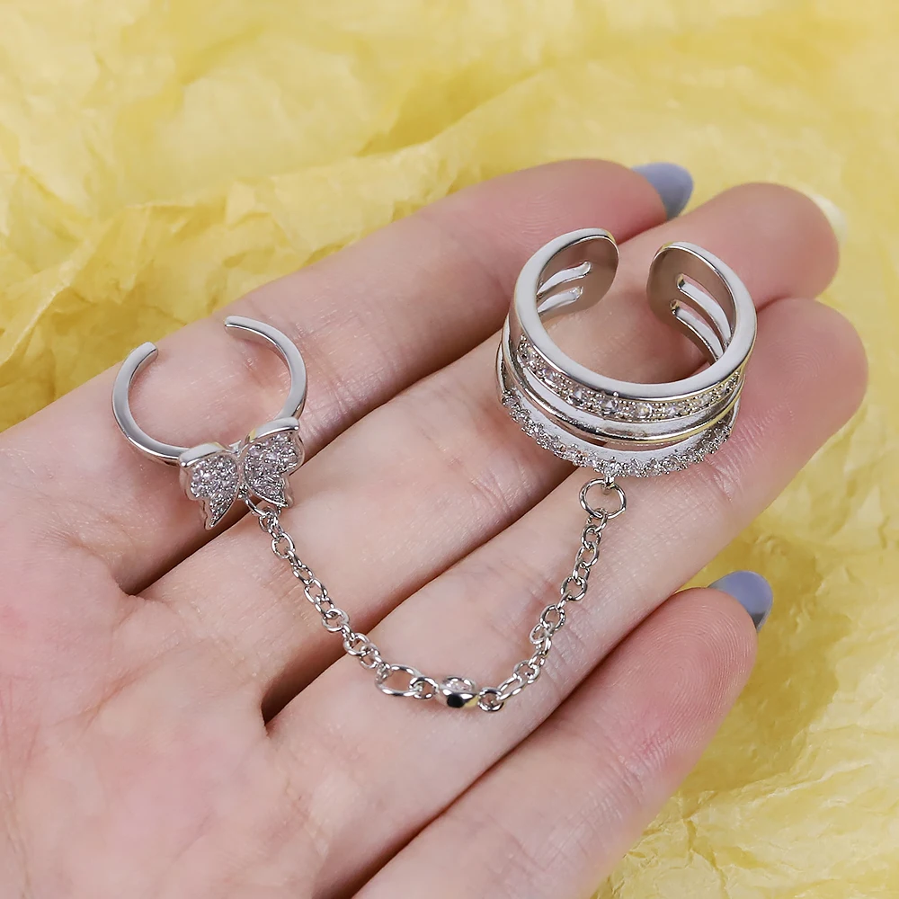 Women Double Finger Chain Rings Set Tassel Butterfly Cross Punk Jewelry Ring Set Chain Ring Finger Ring